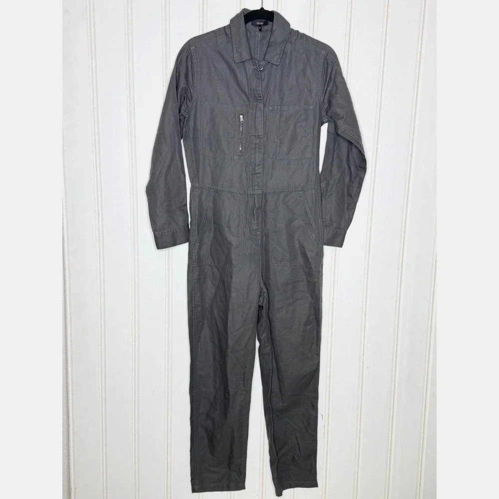 Quince Cotton Linen Twill Long Sleeve Coverall Jumpsuit Charcoal Grey XS